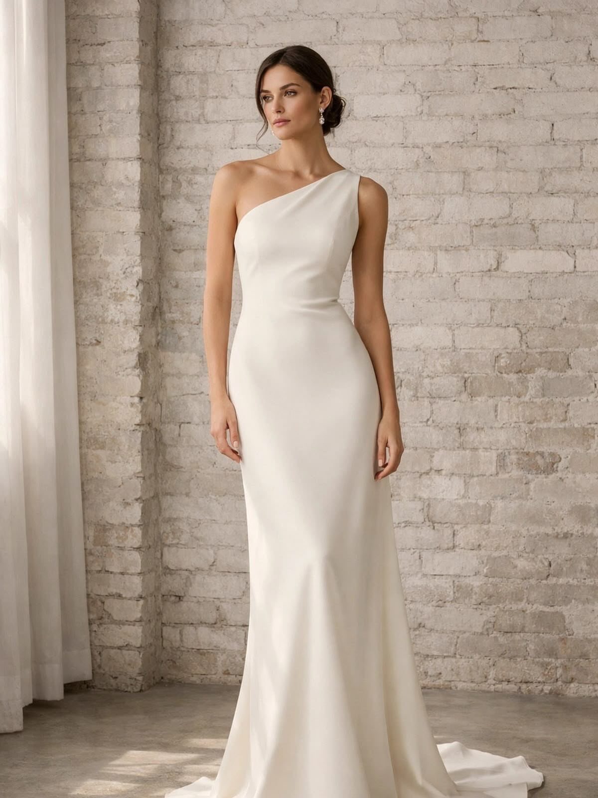 Woman posing in a minimalist ivory one-shoulder wedding gown against a white brick wall.