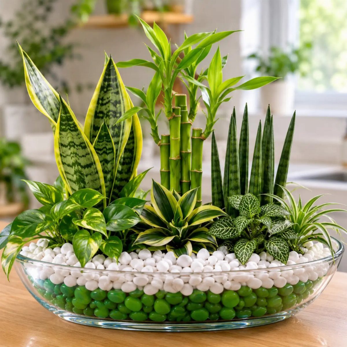 Various green indoor plants arranged in a glass bowl with white and green stones.