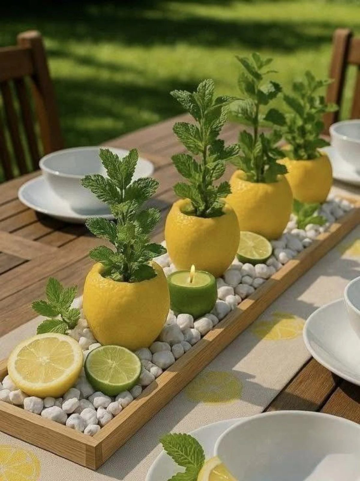 Mint sprigs growing inside hollowed lemons arranged in a wooden tray with white pebbles.