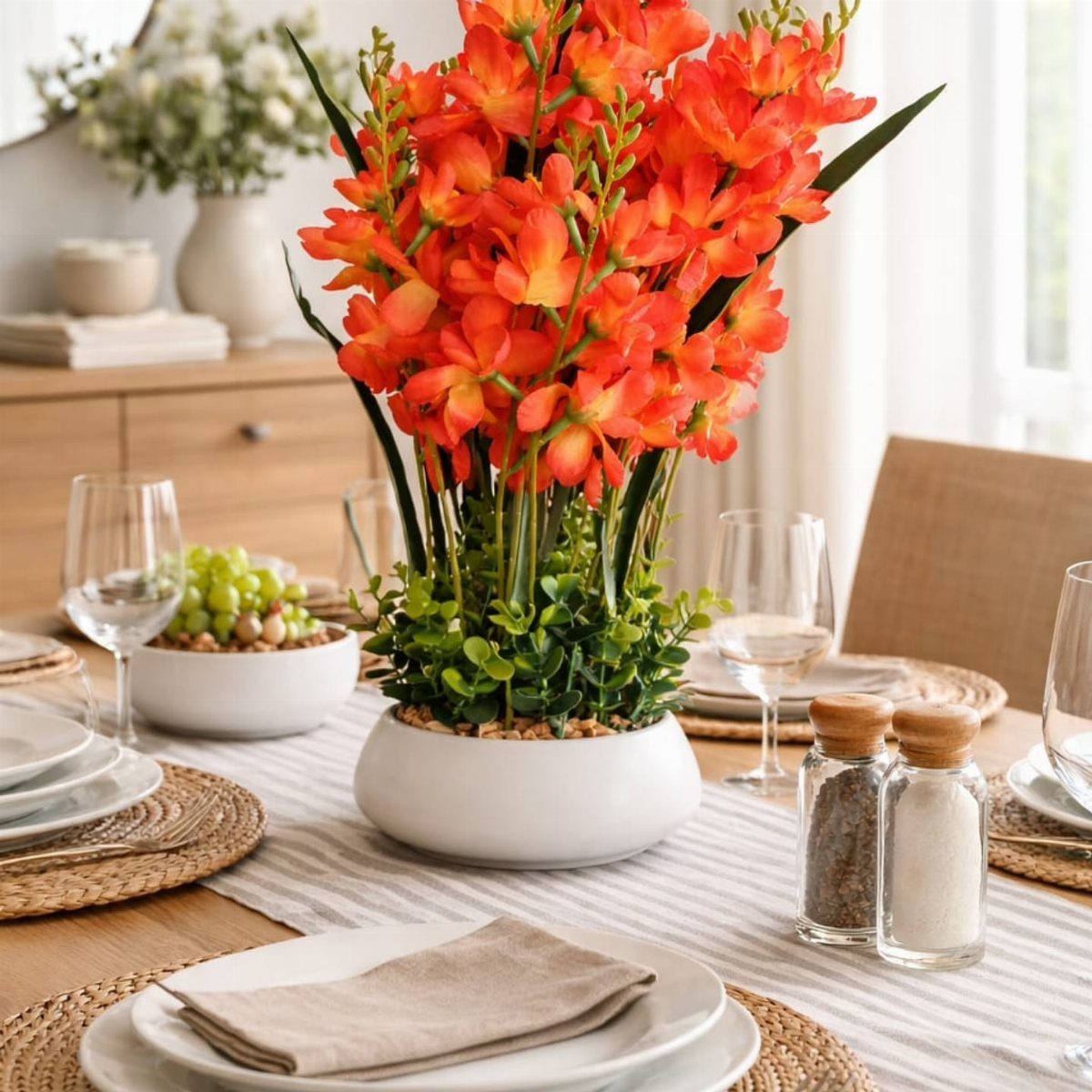 Orange gladiolus flowers in a white ceramic pot serving as a table centerpiece.