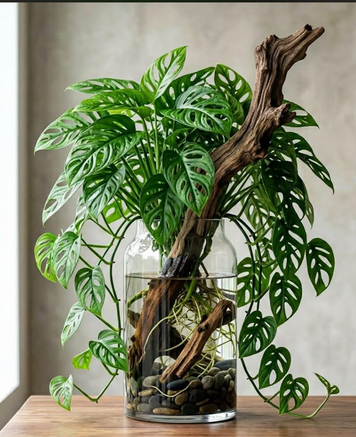 Monstera adansonii plant with fenestrated leaves in a glass vase with driftwood and stones.
