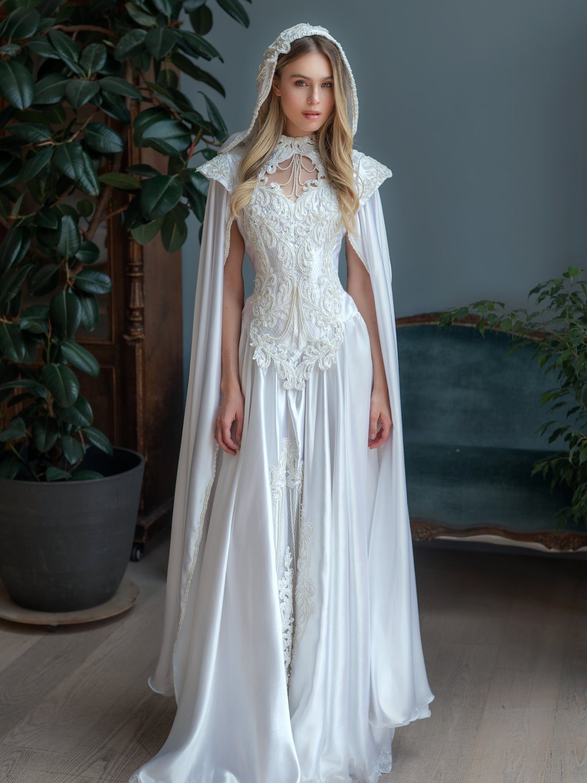 Hooded Wedding Dress: 6 Ideas from Vintage to Modern 1 Woman in a white lace wedding dress featuring a built-in hood and long flowing cape.
