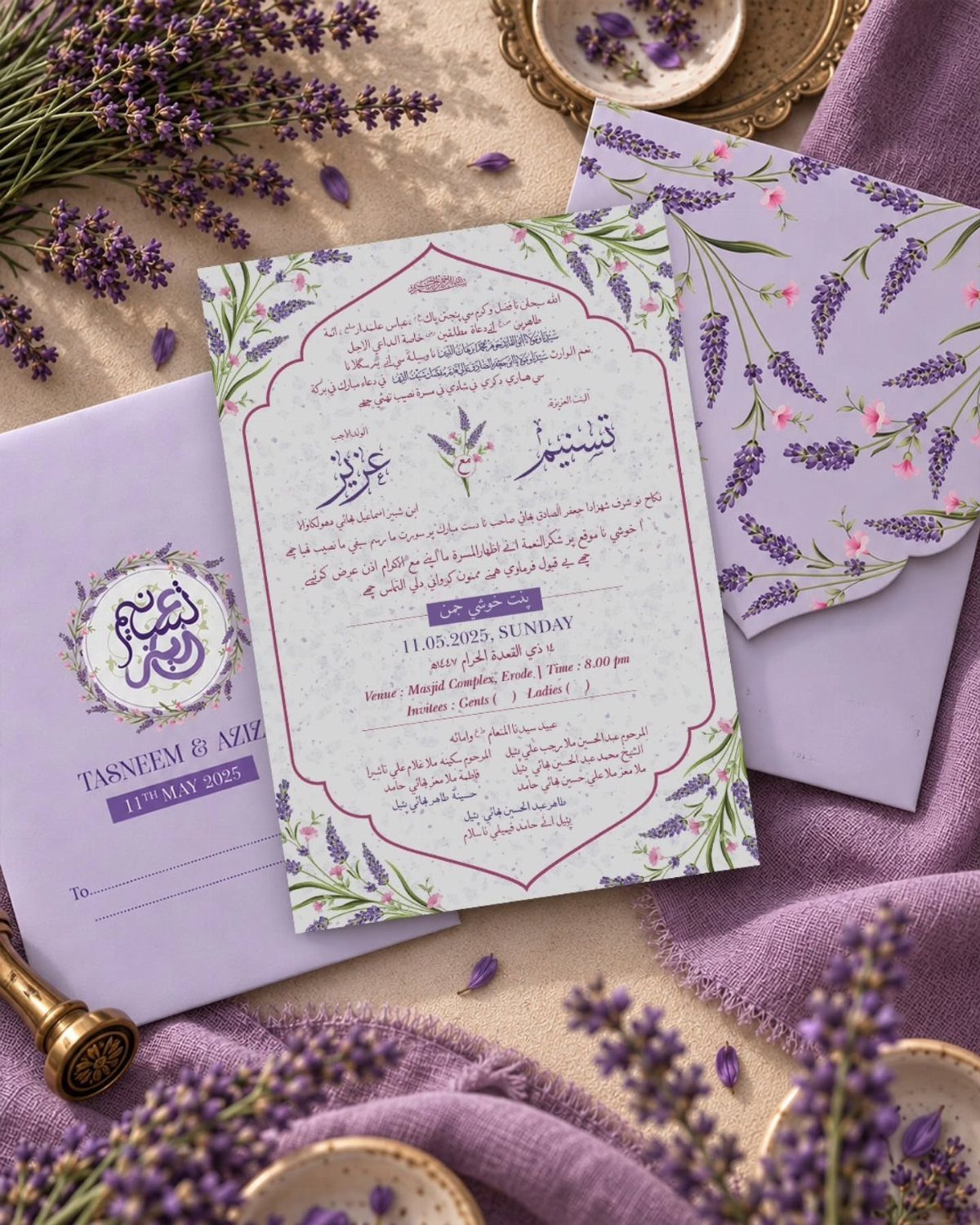Lavender floral wedding invitations and purple envelopes scattered with fresh lavender sprigs on a textured background.