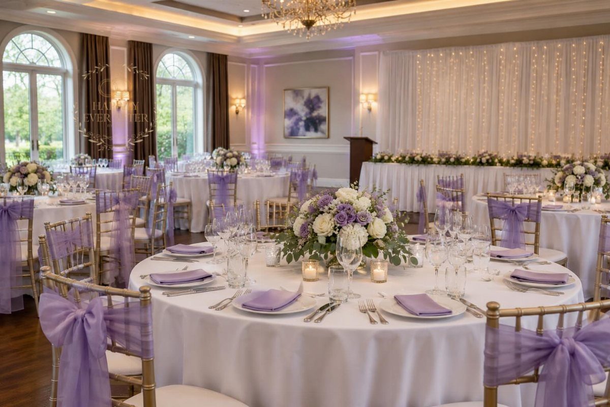 Wedding reception tables decorated with white linens, lavender napkins, and purple floral centerpieces.