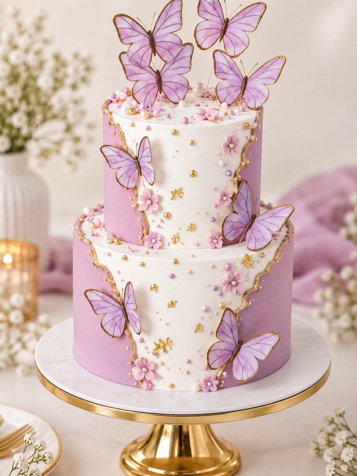 Two-tier white wedding cake decorated with purple butterflies, gold accents, and small pink flowers.