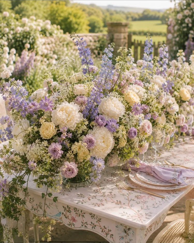 Lush lavender and white floral arrangements arranged on a patterned table in a sunny garden.