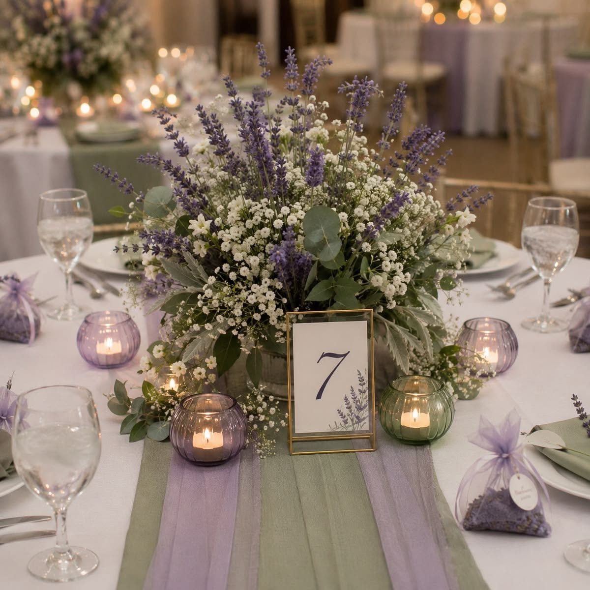 Lavender and white floral arrangement on a table with sage green and lavender fabric runners.