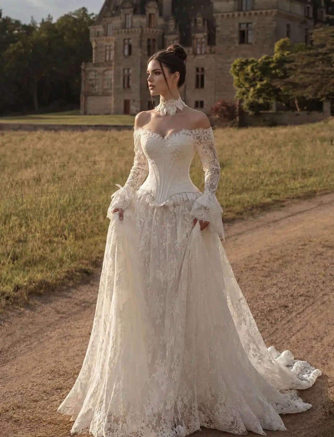 A woman wearing a white lace wedding dress standing on a path with a castle background.