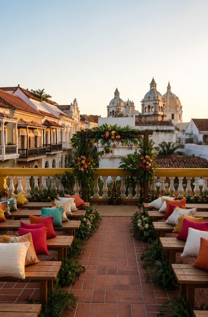 Luxury Destination Wedding: 5 Locations and What to Plan For 5 Rooftop wedding setup with rustic benches and colorful cushions.