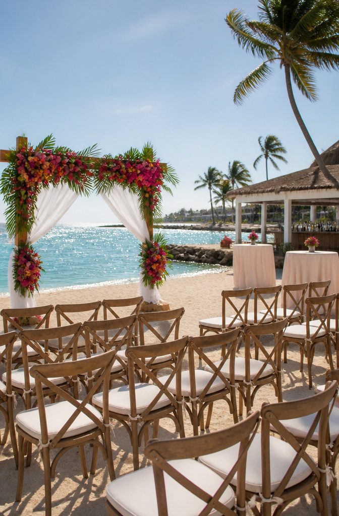 Luxury Destination Wedding: 5 Locations and What to Plan For 4 Beach wedding setup with floral arch and natural wooden elements.