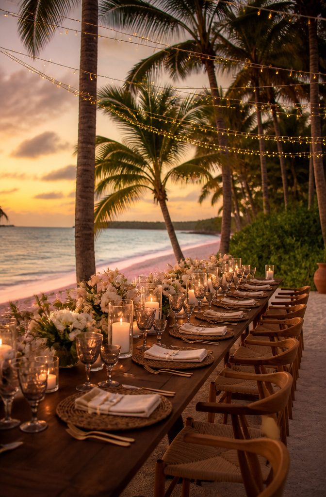 Luxury Destination Wedding: 5 Locations and What to Plan For 2 Outdoor reception with wooden table and colorful floral arrangements.