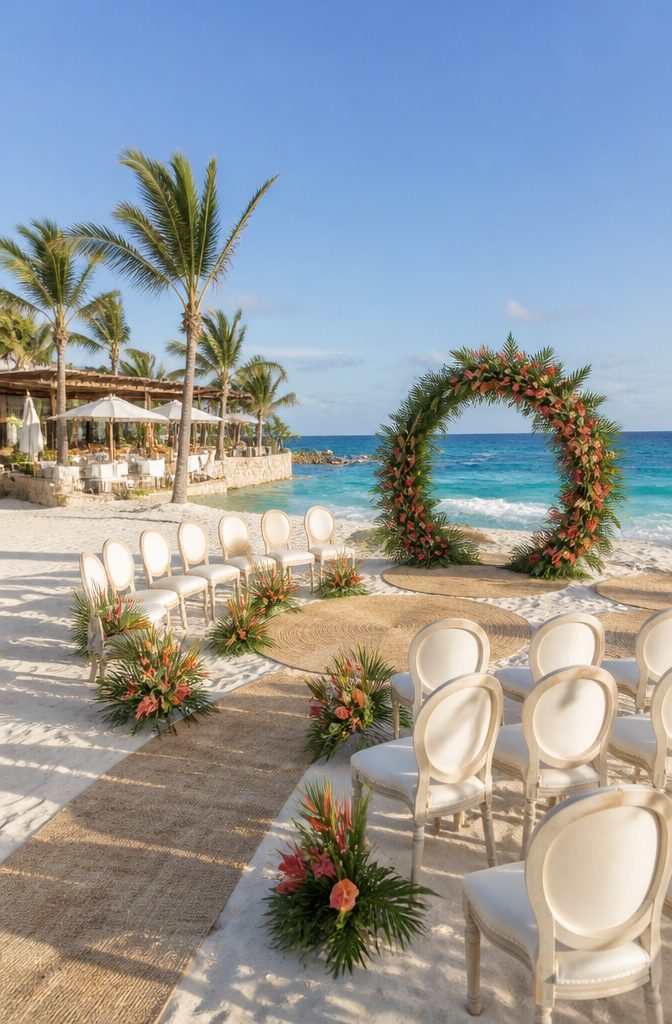 Luxury Destination Wedding: 5 Locations and What to Plan For 1 Oceanfront wedding setup with white chairs and floral arch.