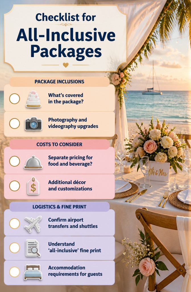 Luxury Destination Wedding: 5 Locations and What to Plan For 12 Checklist for all-inclusive wedding packages and their offerings.