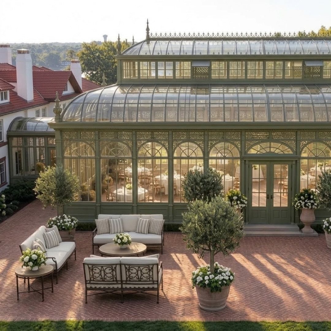 Mansion Wedding Venue Ideas: 17 Estate Settings for 2026 2 Outdoor lounge seating on a brick patio in front of a large glass conservatory building.