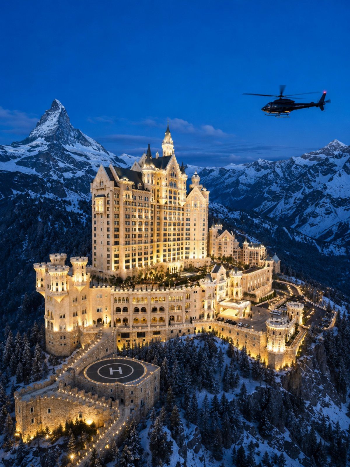 15 Most Beautiful Wedding Venues for 2026 14 A grand illuminated castle hotel nestled against snowy mountain peaks at twilight with a helicopter flying nearby.