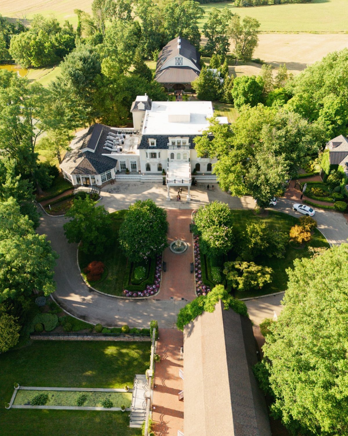 15 Most Beautiful Wedding Venues for 2026 5 Aerial view of a large white mansion surrounded by dense green trees and manicured gardens.
