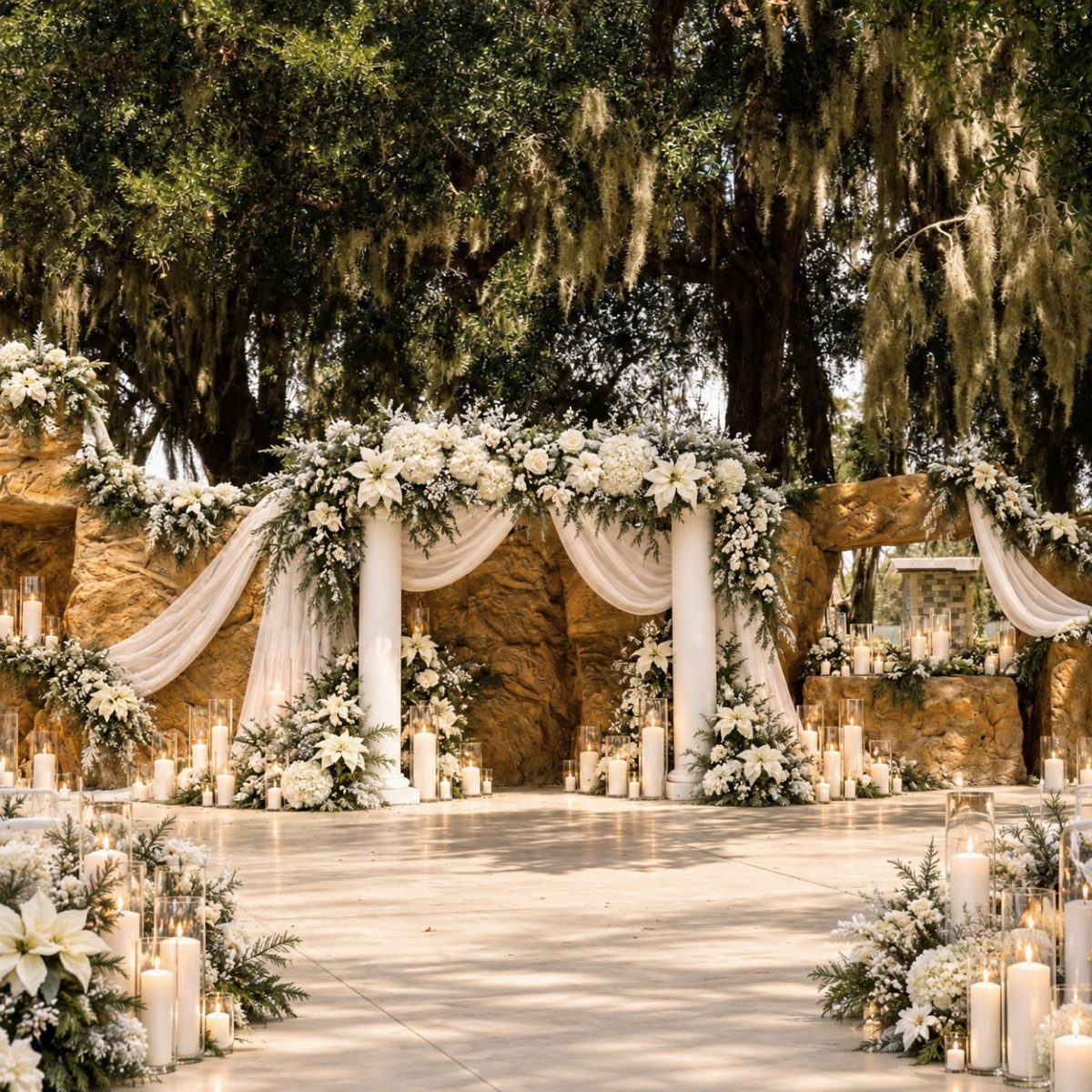 15 Most Beautiful Wedding Venues for 2026 9 White floral wedding altar with draped fabric and candles set under mossy trees.