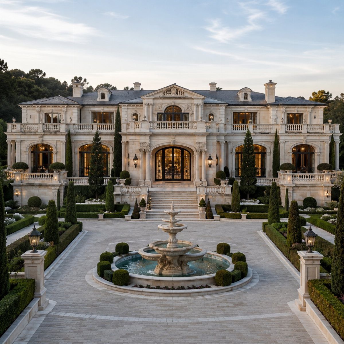 15 Most Beautiful Wedding Venues for 2026 15 A grand white stone mansion with a central fountain and manicured gardens under a twilight sky.