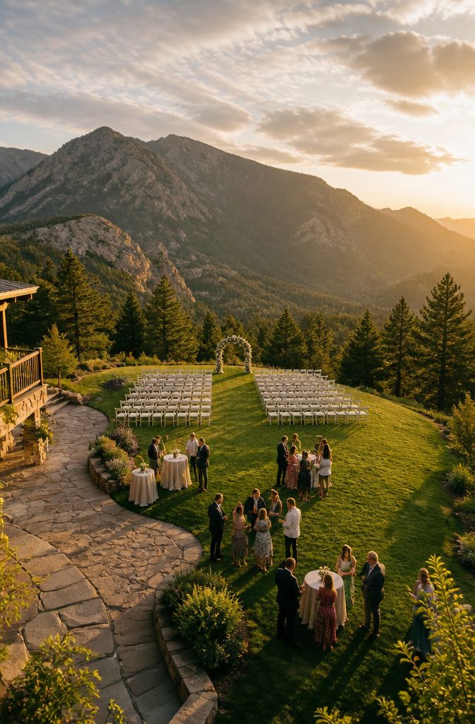 Outdoor ceremony lawn at Cheyenne Mountain Resort surrounded by mountains.