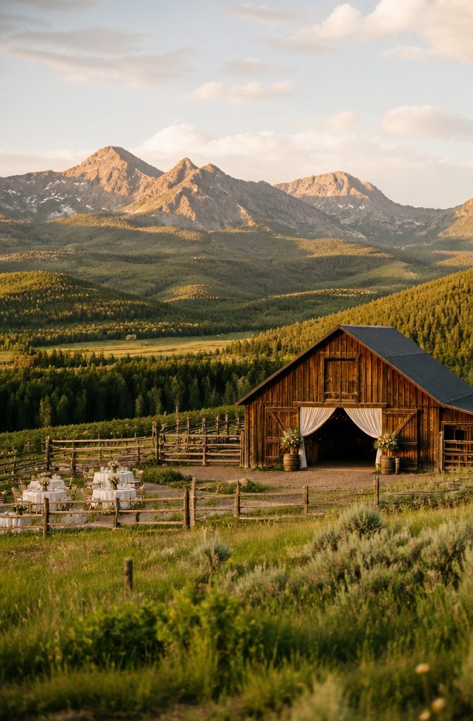 Rustic barn at McCabe Ranch with the Elk Mountains in the background.