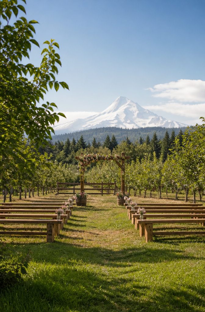 Lush gardens at Mt. Hood Organic Farms with mountain backdrop.
