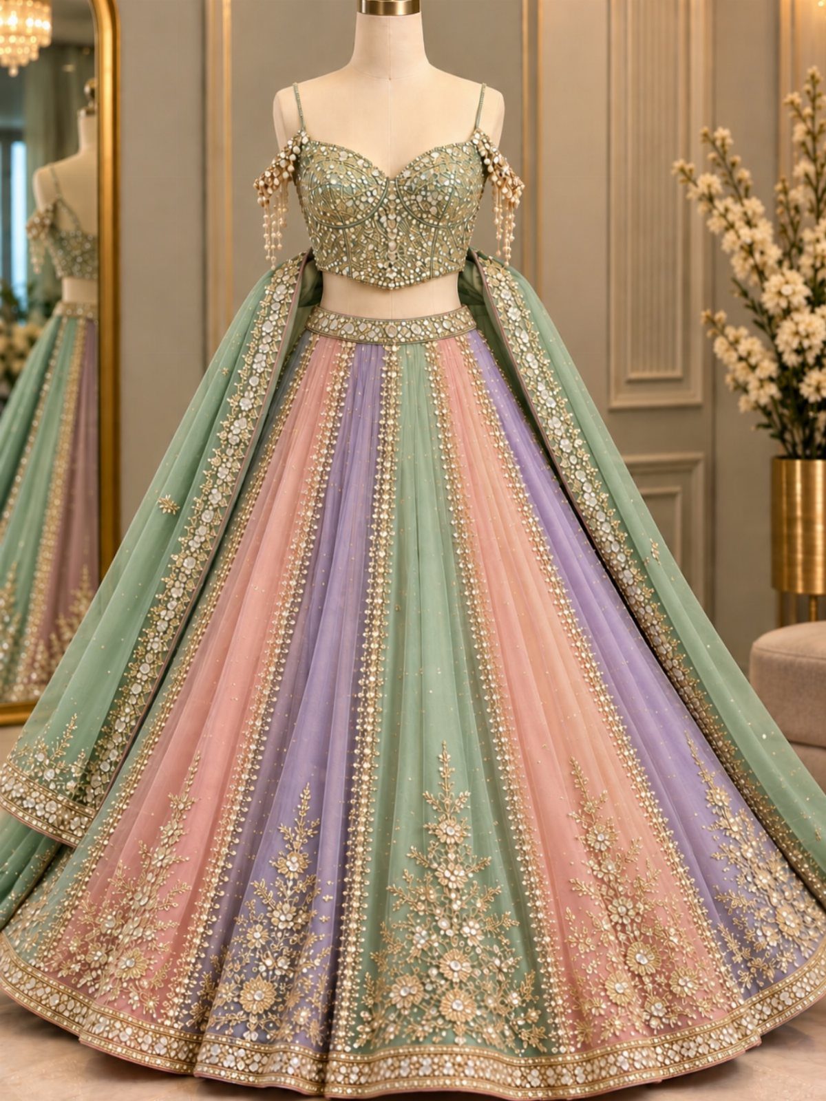 A beaded sage green crop top and multi-colored pastel lehenga skirt on a mannequin.