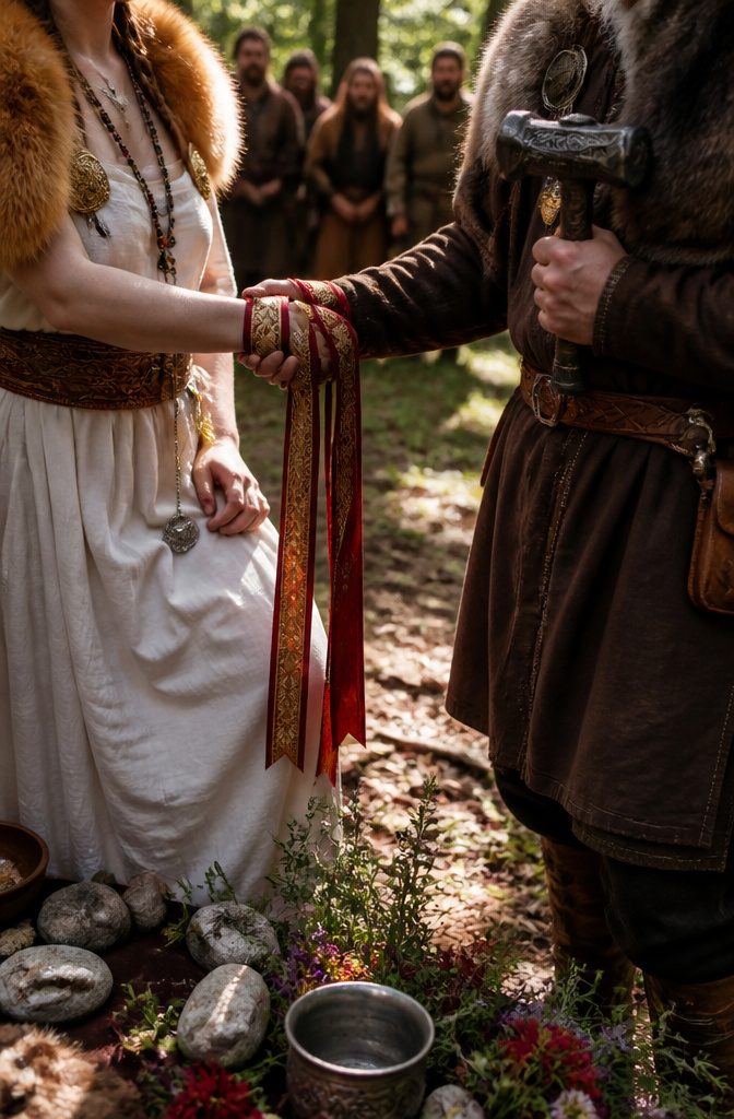Norse Wedding Traditions: Rituals From Betrothal to Feast 4 Bride and groom's hands tied with a ribbon during handfasting ritual.