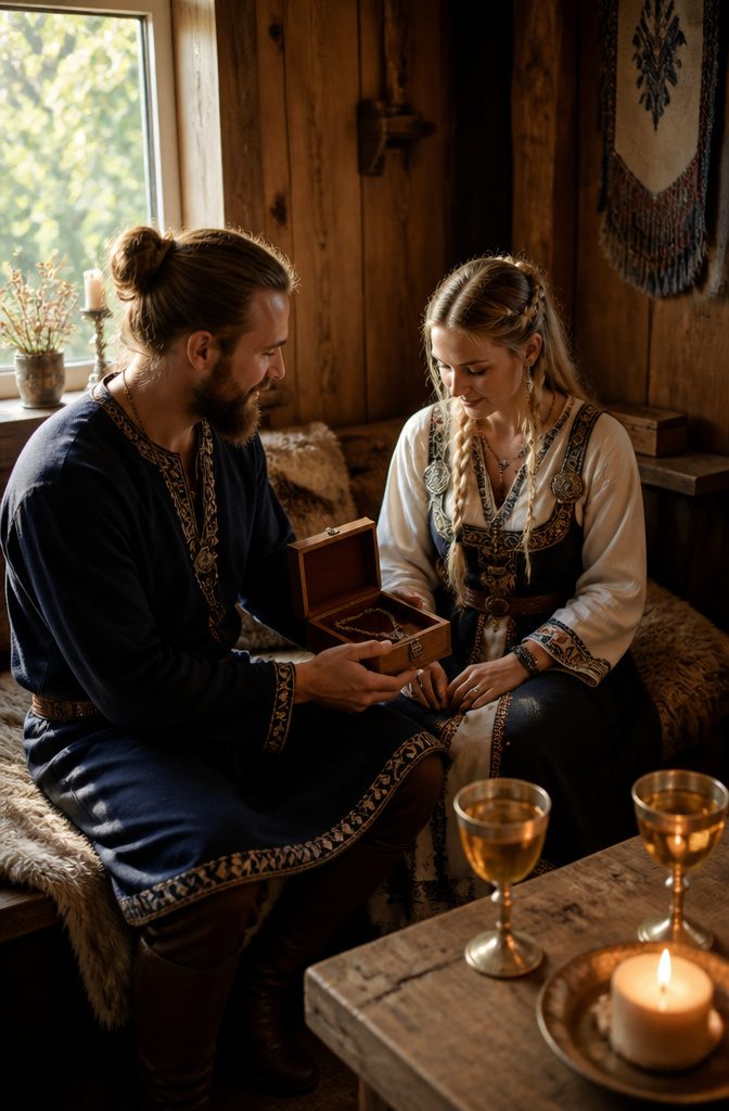 Norse Wedding Traditions: Rituals From Betrothal to Feast 6 A groom giving a box to his bride in a cozy interior setting.
