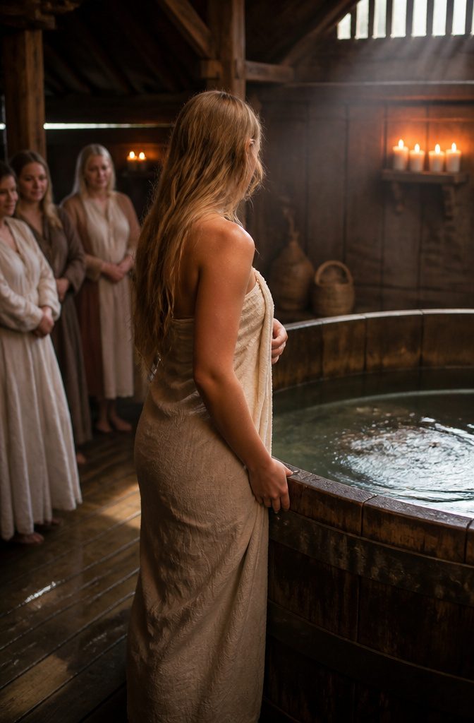 Norse Wedding Traditions: Rituals From Betrothal to Feast 2 A young bride standing by a steaming wooden tub in a bathhouse.