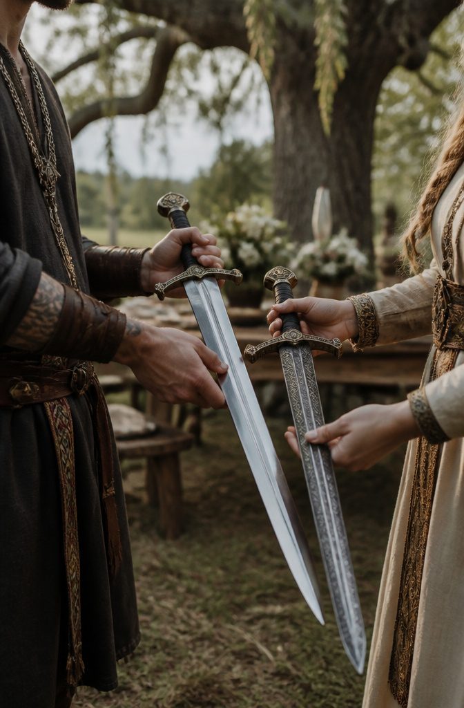 Norse Wedding Traditions: Rituals From Betrothal to Feast 3 A photograph illustrating the sword exchange during a Norse wedding ceremony.