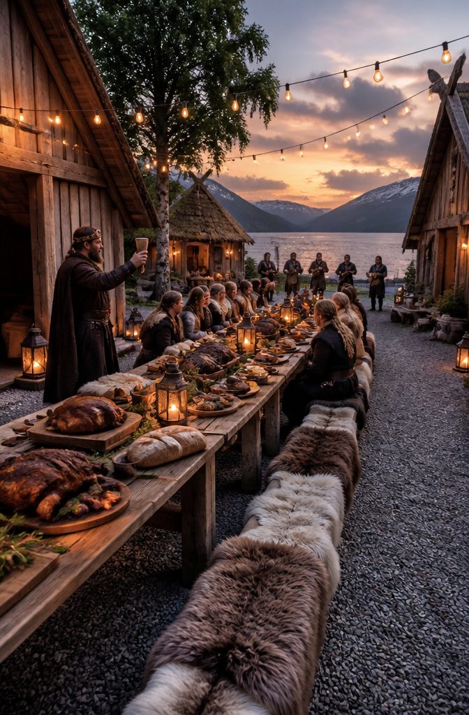 Norse Wedding Traditions: Rituals From Betrothal to Feast 5 A lavish wedding feast with various traditional Norse dishes and decorations.