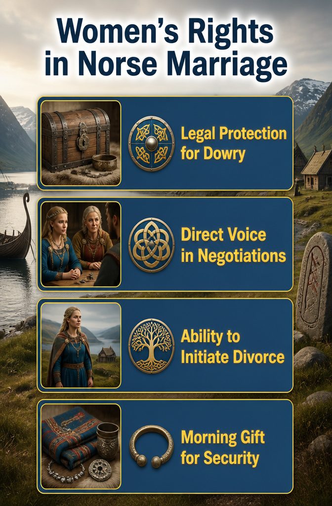 Norse Wedding Traditions: Rituals From Betrothal to Feast 7 An information image titled 'Women’s Rights in Norse Marriage'.