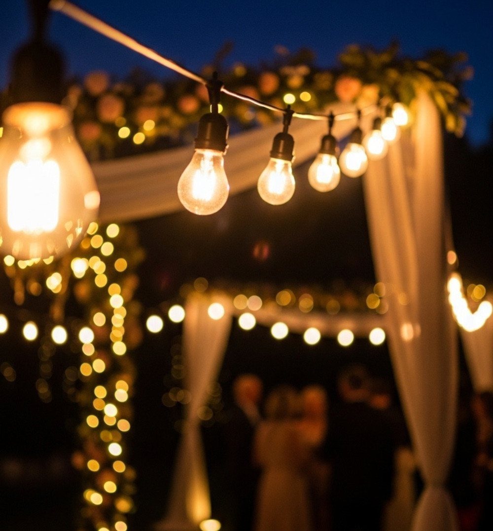 Glowing Edison bulbs hang on a string against a dark night sky at an outdoor wedding.
