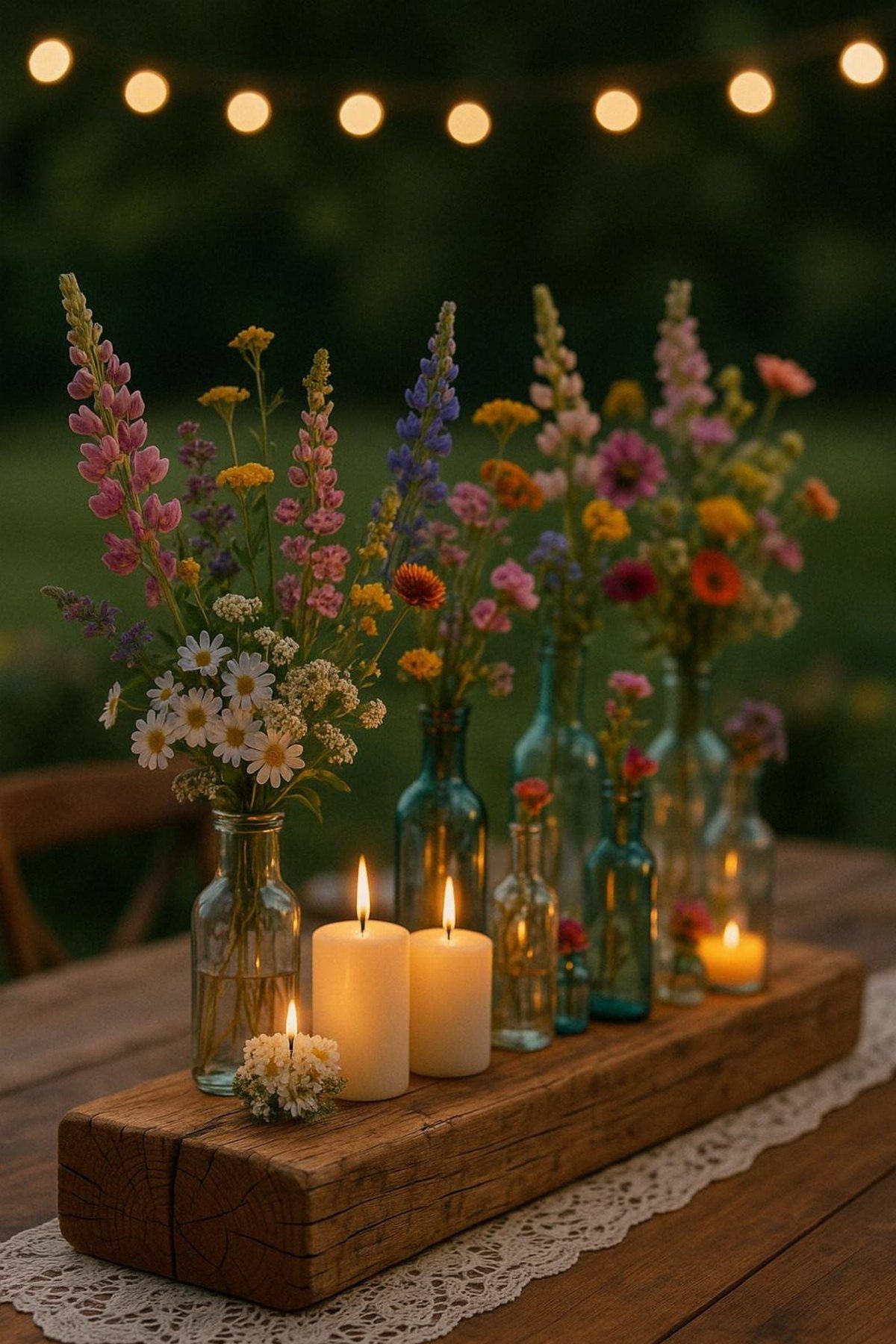 Wildflowers in glass bottles and lit candles on a wooden trough centerpiece outdoors.