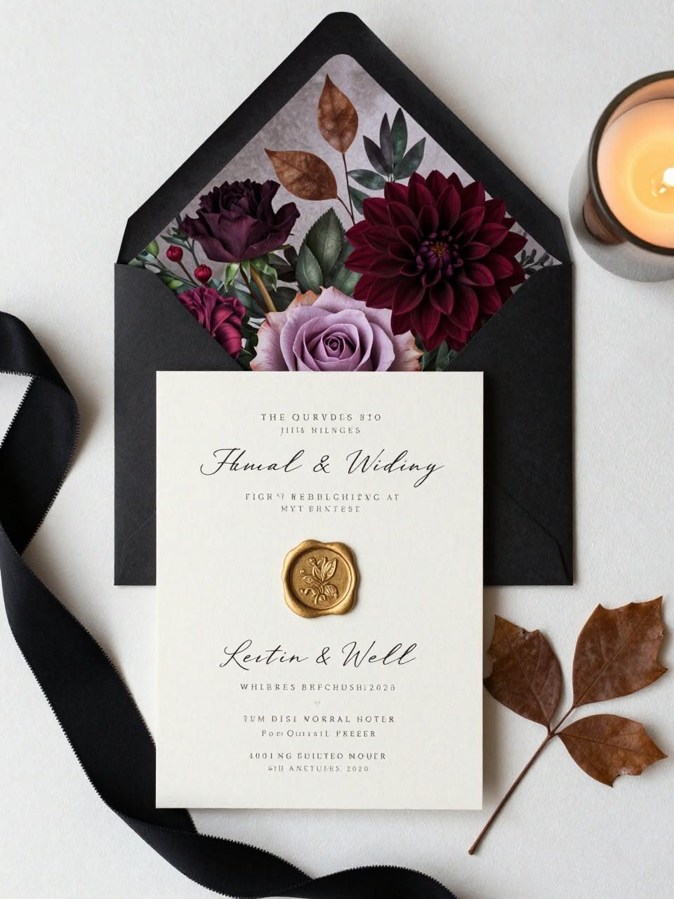 Purple and Black Wedding Theme: 8 Ideas That Actually Work 8 White wedding invitation with black calligraphy resting on a black floral-lined envelope with a gold wax seal.