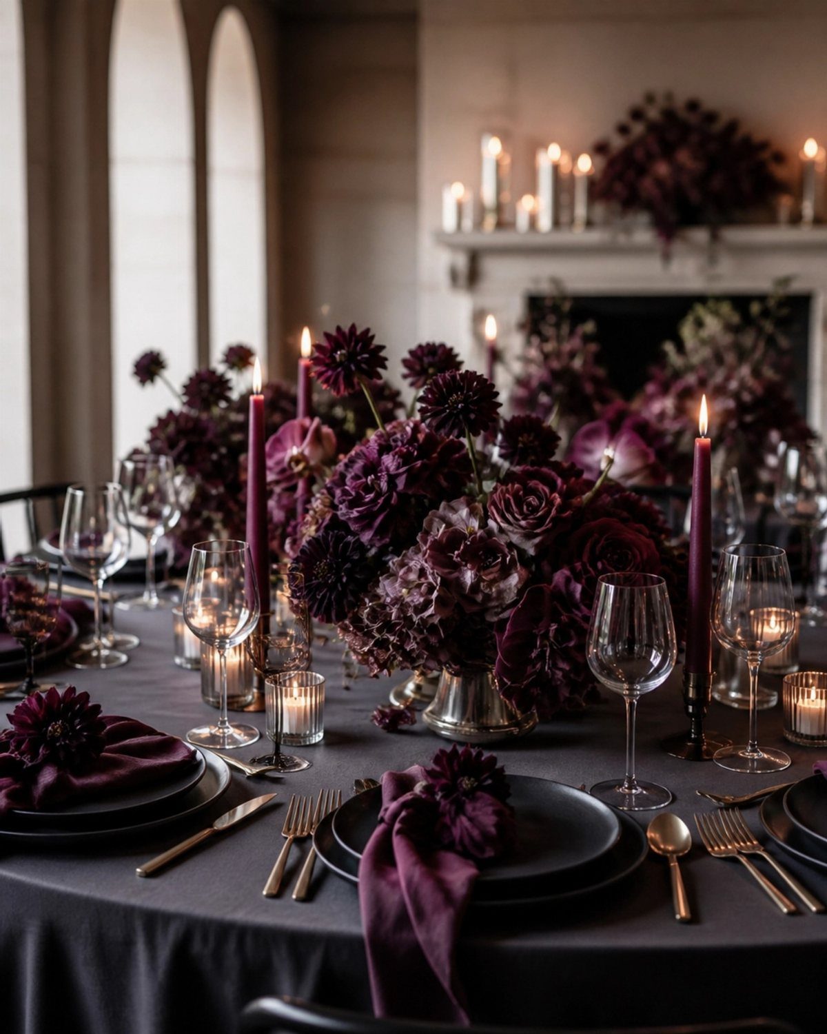 Purple and Black Wedding Theme: 8 Ideas That Actually Work 2 Purple floral arrangements and taper candles set on a dark wedding reception table with elegant glassware.