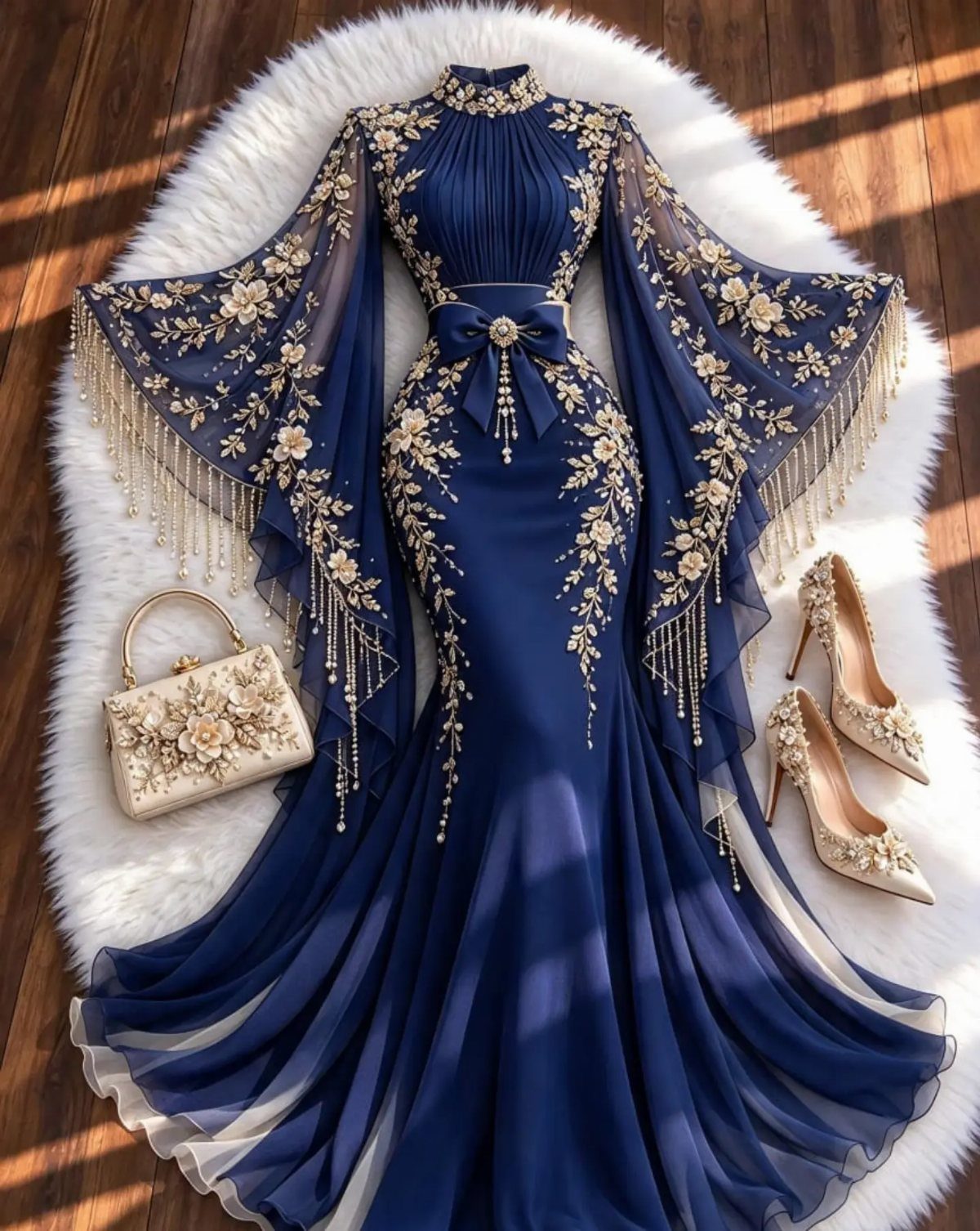 A royal blue gown with gold embroidery, a matching clutch, and high heels on white fur.