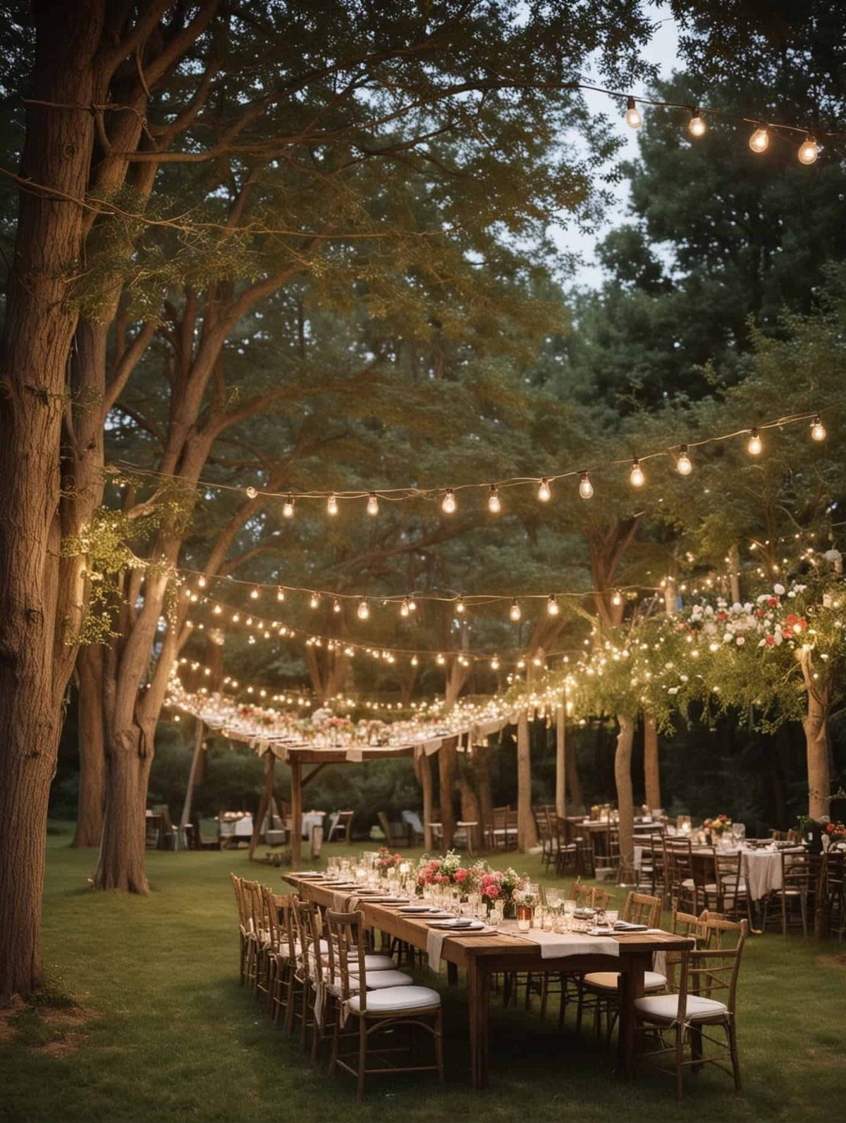 Long wooden wedding tables with floral arrangements set under glowing string lights in a wooded area.