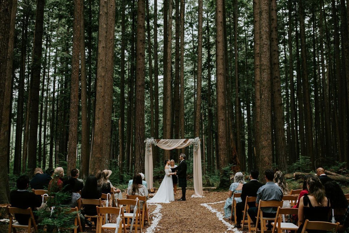 A bride and groom exchange vows under a white arch in a tall forest setting.