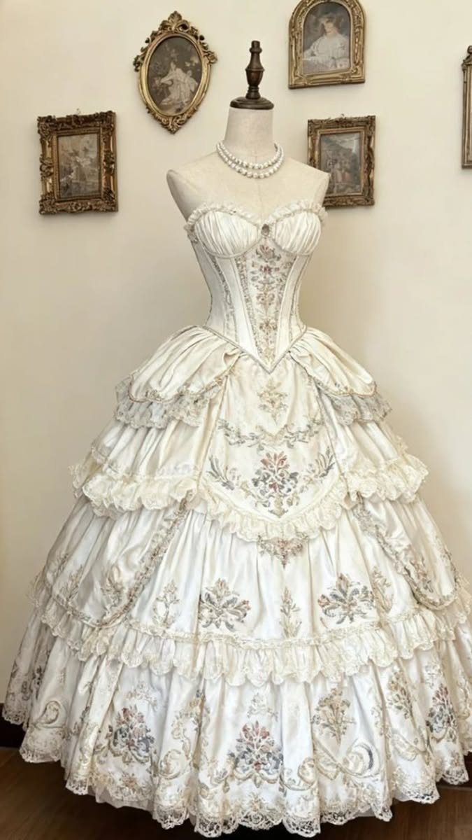 An ivory Victorian ballgown with a corset bodice and ruffled, embroidered skirt on a mannequin.