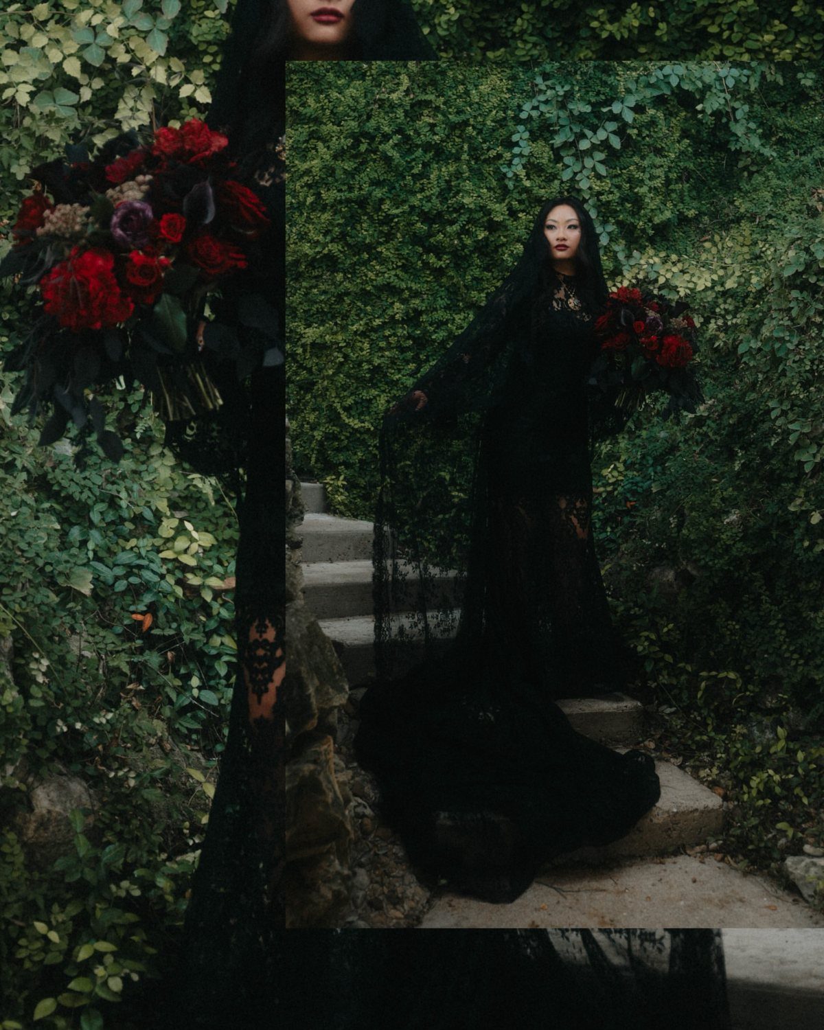 A woman wearing a black lace Victorian style wedding dress stands among green leaves.