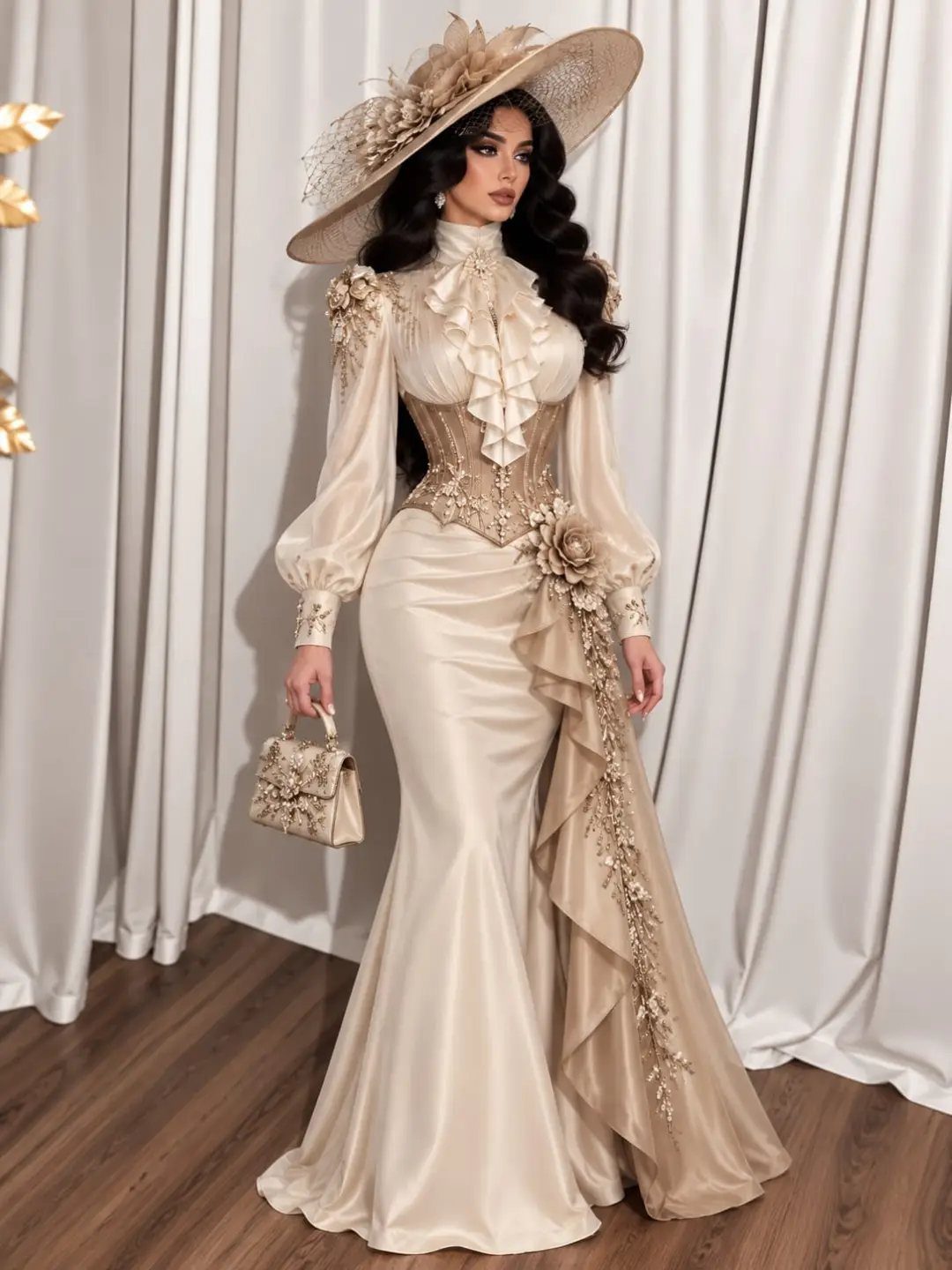 Woman wearing a champagne Victorian-style gown with a corset bodice and long puffed sleeves.