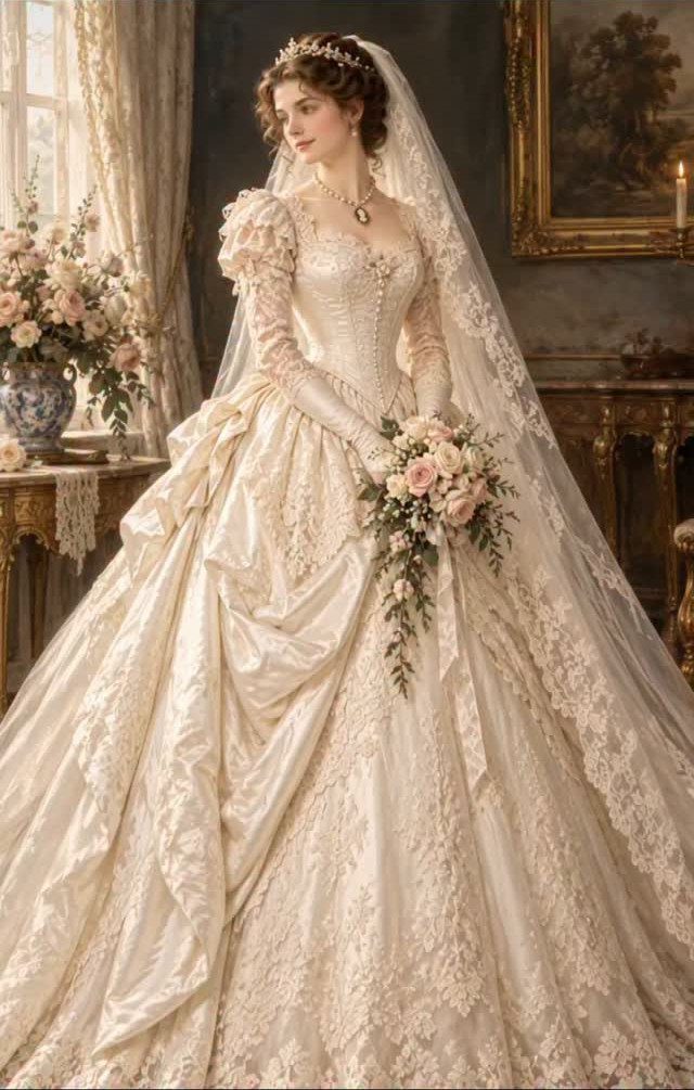 A woman in an ivory lace Victorian wedding dress holding a bouquet of roses.