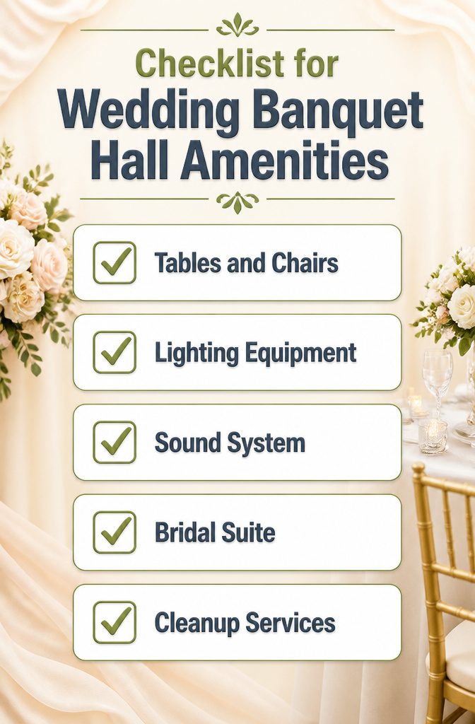 List of amenities typically included in wedding banquet hall packages.