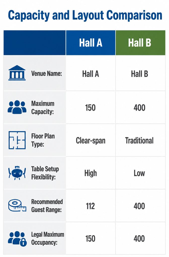 Chart showing guest capacity and layout comparisons for venues.