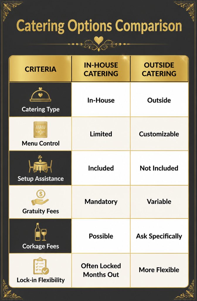 Comparison of catering options for wedding banquet halls.
