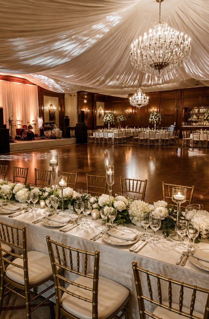 Classic ballroom with high ceilings and long banquet tables.