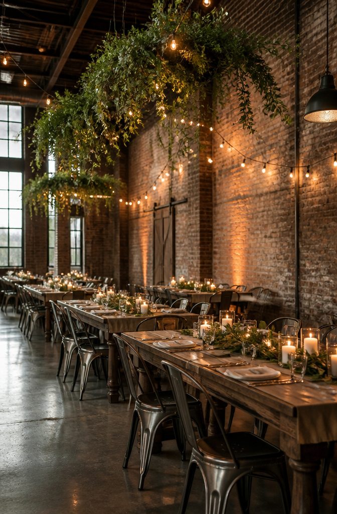 Industrial wedding venue with exposed brick and vintage tables.