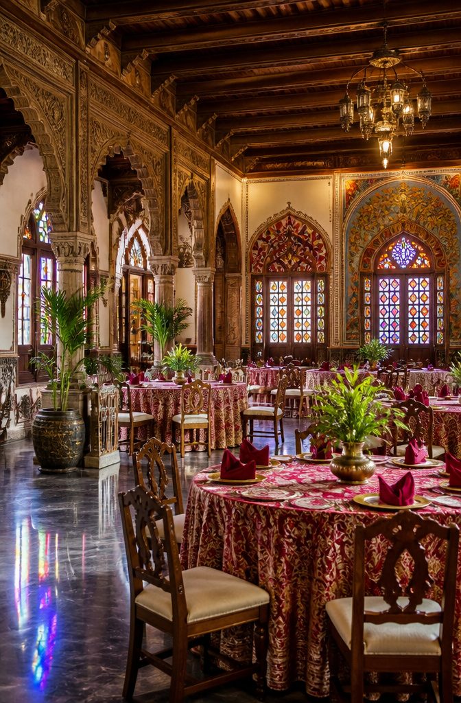 Ornate cultural banquet hall with hand-carved details and stained glass.