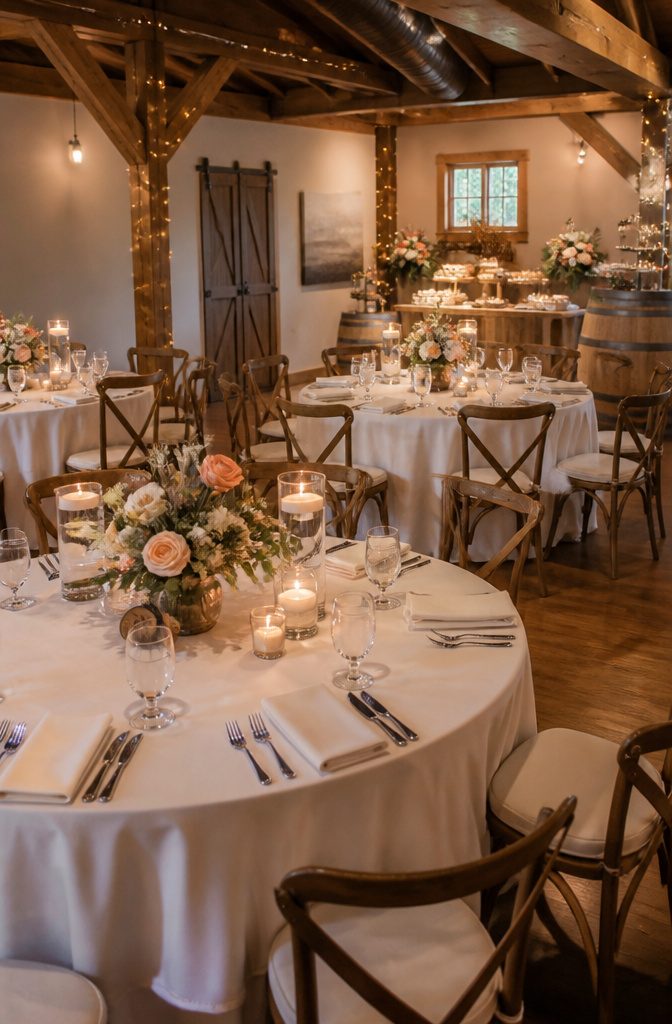 Intimate boutique hall with rustic beams and round tables.